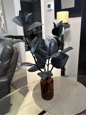 Threshold Halloween Black Faux Eucalyptus Stems in orange Glass Vase